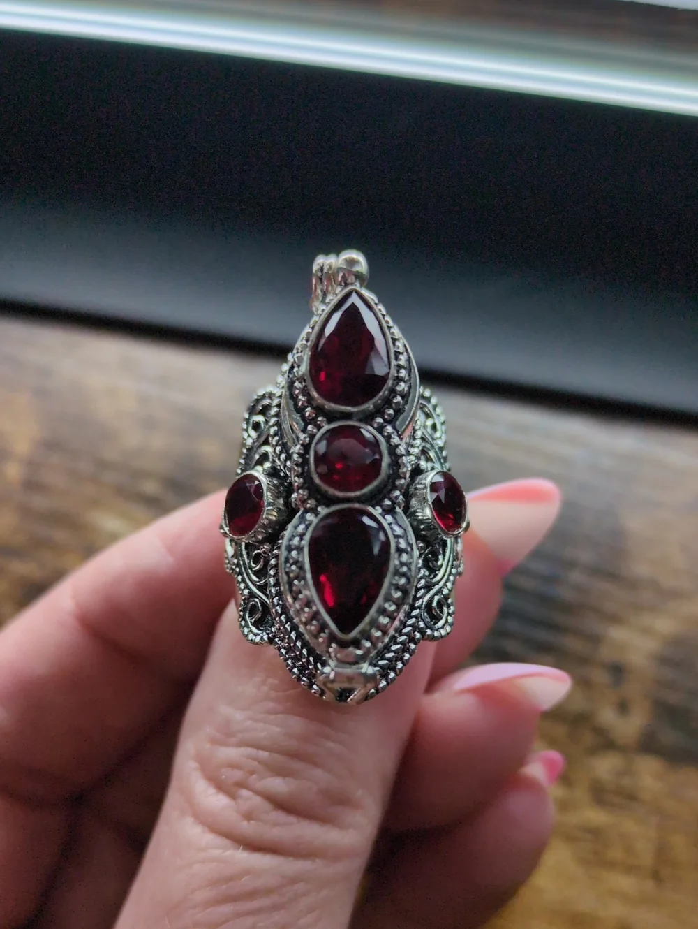 Vintage-Inspired Locket/Poison Ring with Red Garnet Stones+925 Silver